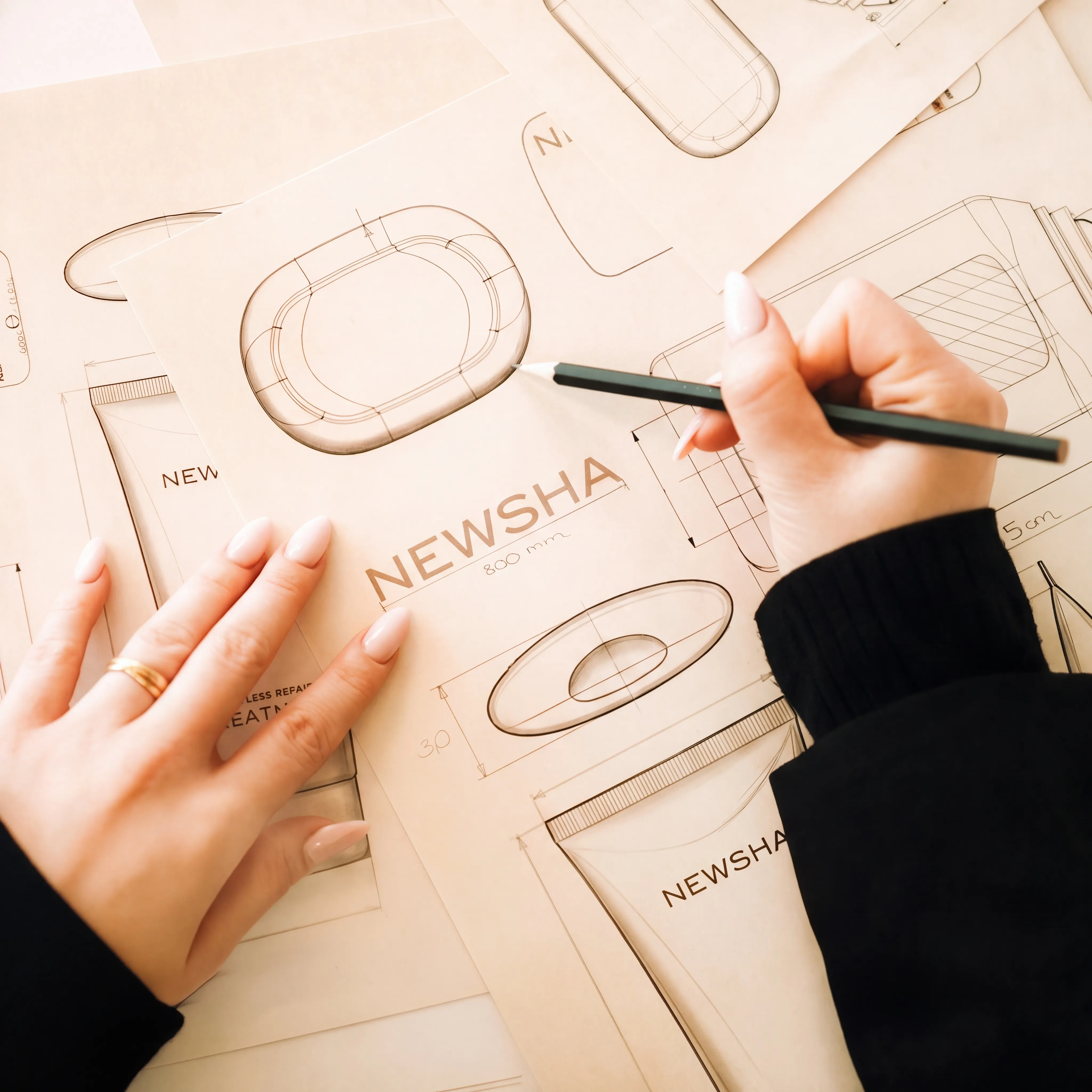 NEWSHA Produktentwicklung mit handgezeichneten Designskizzen für hochwertige Haarpflegeprodukte und einer Hand, die Verpackungsentwürfe bearbeitet.