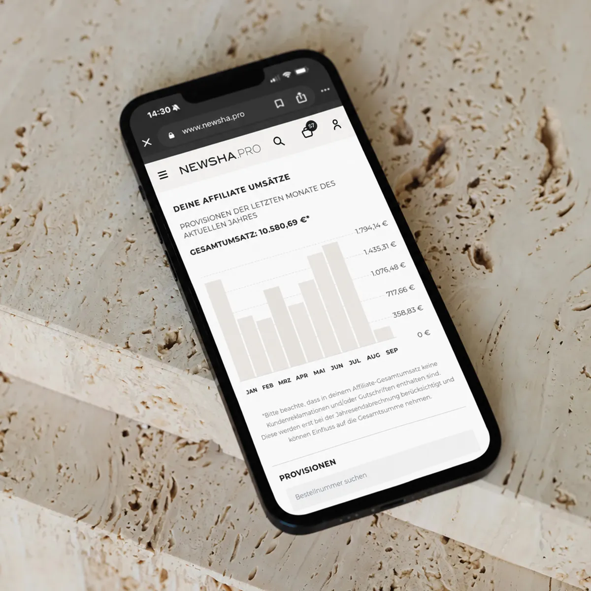 Smartphone mit NEWSHA.PRO Affiliate Dashboard, das monatliche Umsätze, Provisionen und ein Balkendiagramm des Partnerprogramms anzeigt.