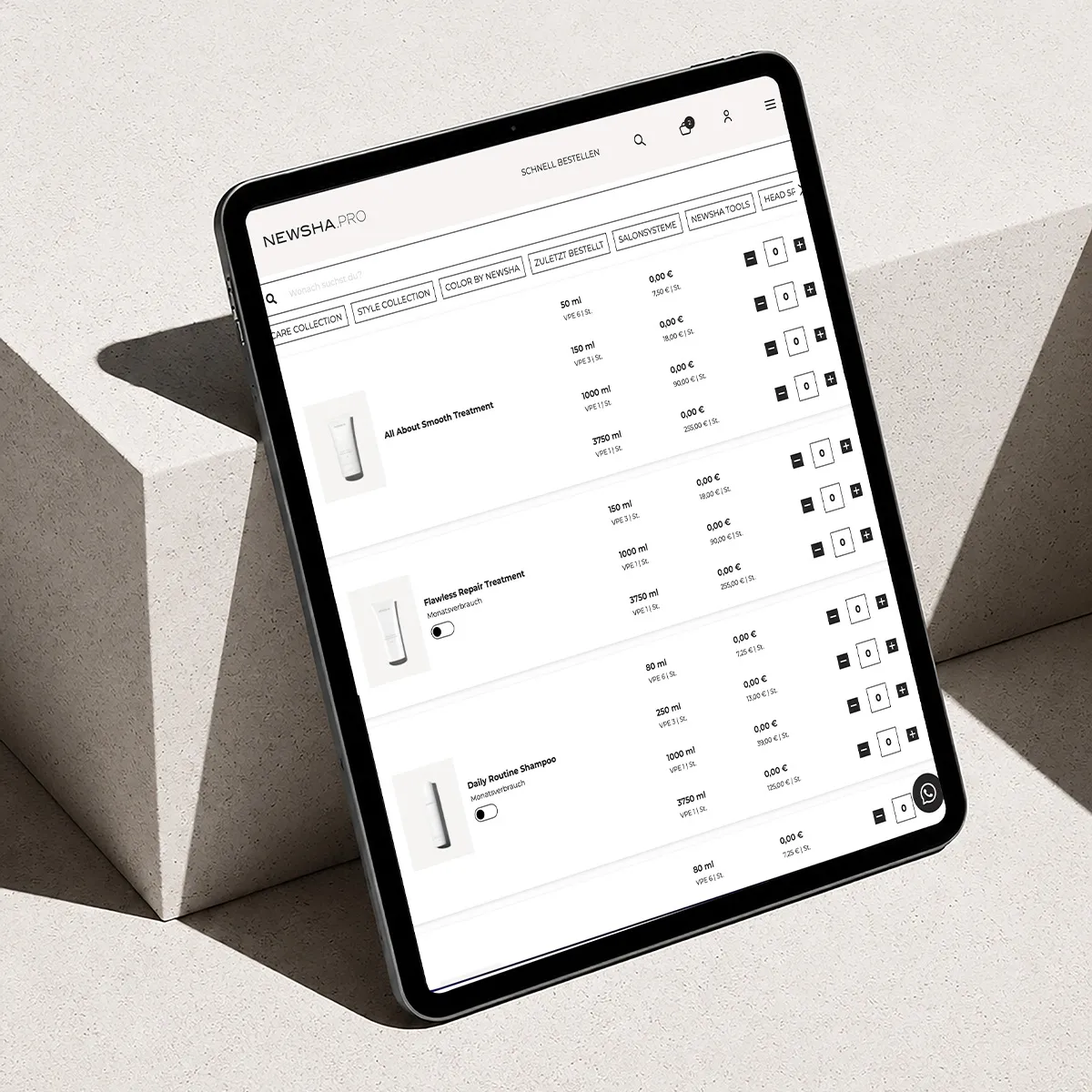 Tablet mit dem NEWSHA PRO Onlineshop und digitaler Schnellbestellung für professionelle Haarpflegeprodukte und Friseurbedarf.