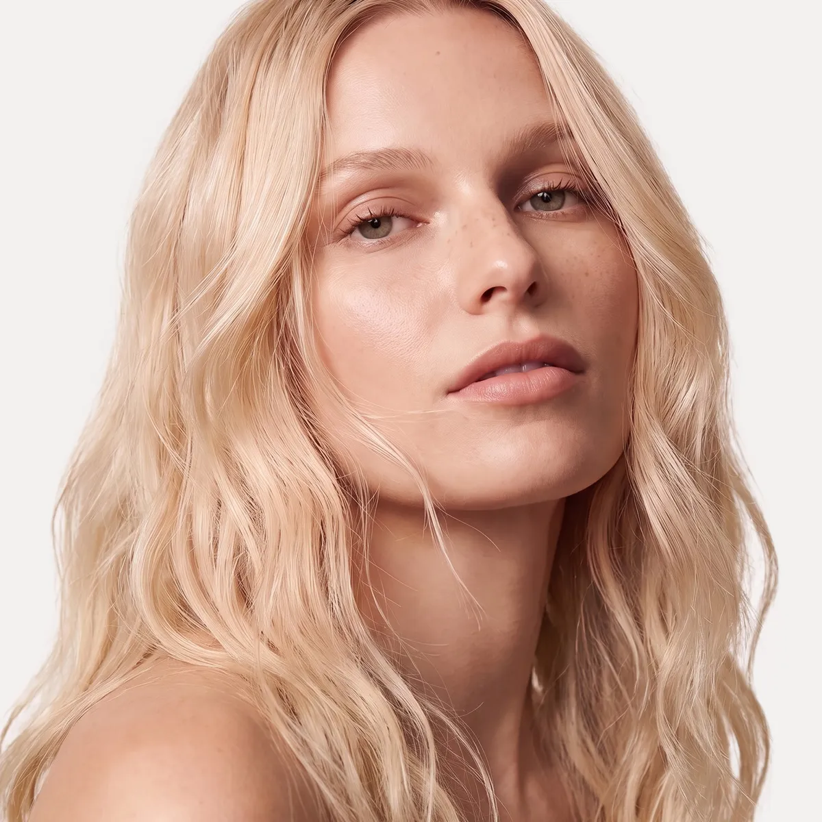 Frau mit langem, hellblondem Haar, sanften Wellen und nat&uuml;rlichem Glanz. Das lockere Haarstyling betont die weiche Haarstruktur.