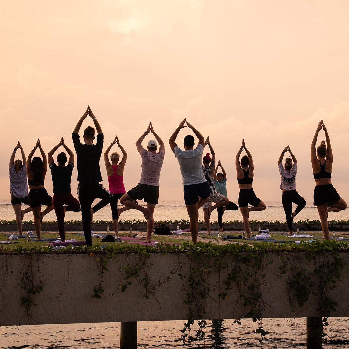 Gruppe von Menschen praktiziert gemeinsam Yoga in der Baumposition auf einer Terrasse direkt am Meer bei warmem Sonnenuntergang.