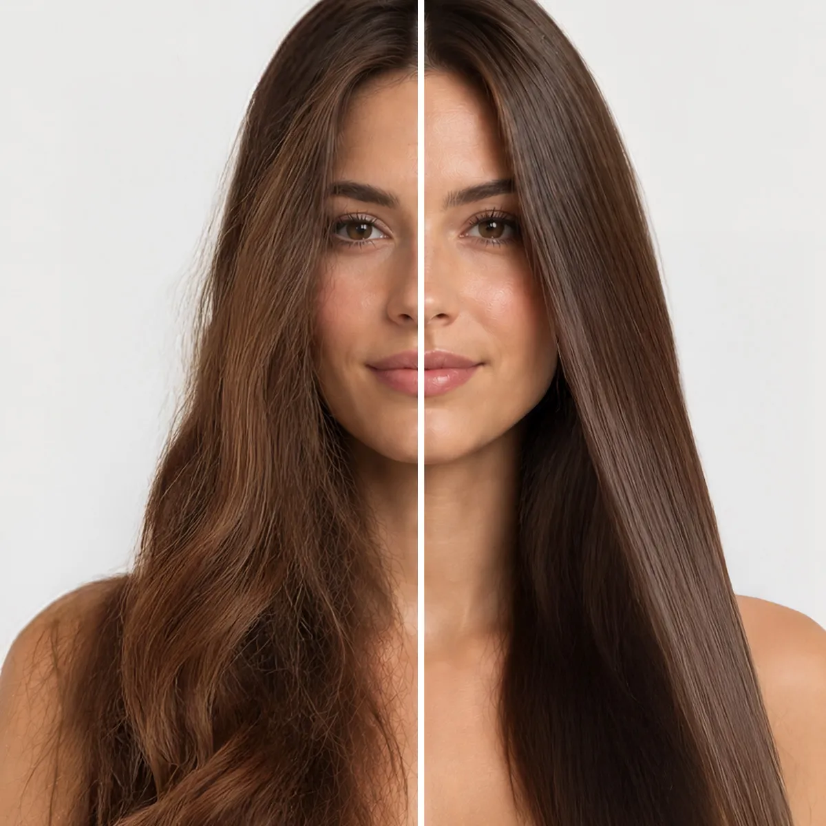 Vorher-Nachher-Vergleich von langem braunem Haar: links frizzig und glanzlos, rechts glatt, geschmeidig und glänzend nach dem Haarstyling.