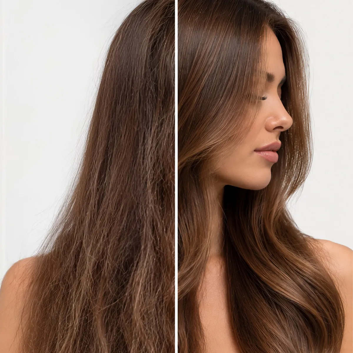 Vorher-Nachher-Vergleich von langem braunem Haar in Seitenansicht: links trocken und frizzig, rechts geschmeidig mit glänzenden, definierten Wellen.