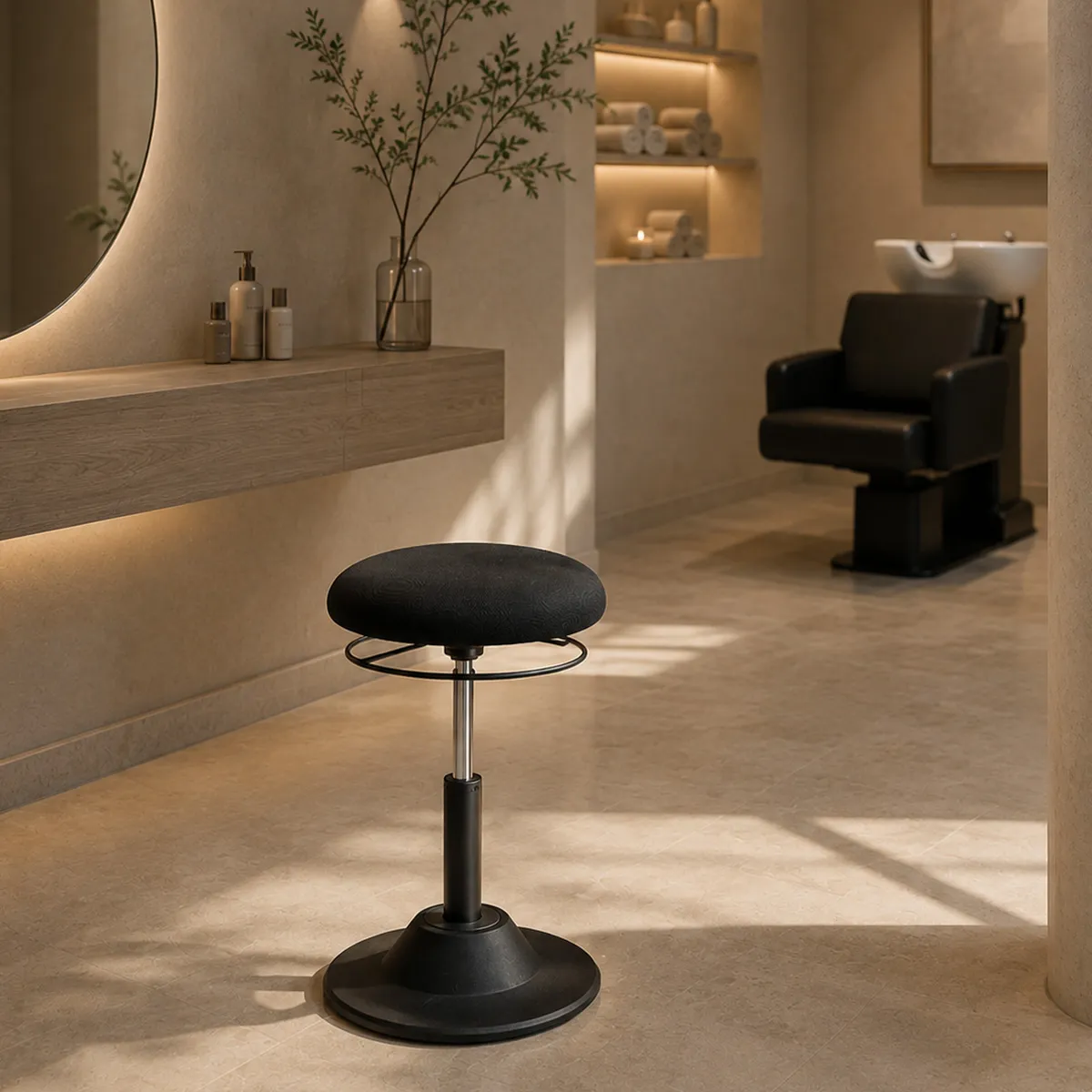 Schwarzer höhenverstellbarer Friseurhocker in einem stilvollen Salon mit beleuchtetem Spiegel, Haarpflegeprodukten und modernem Waschplatz.