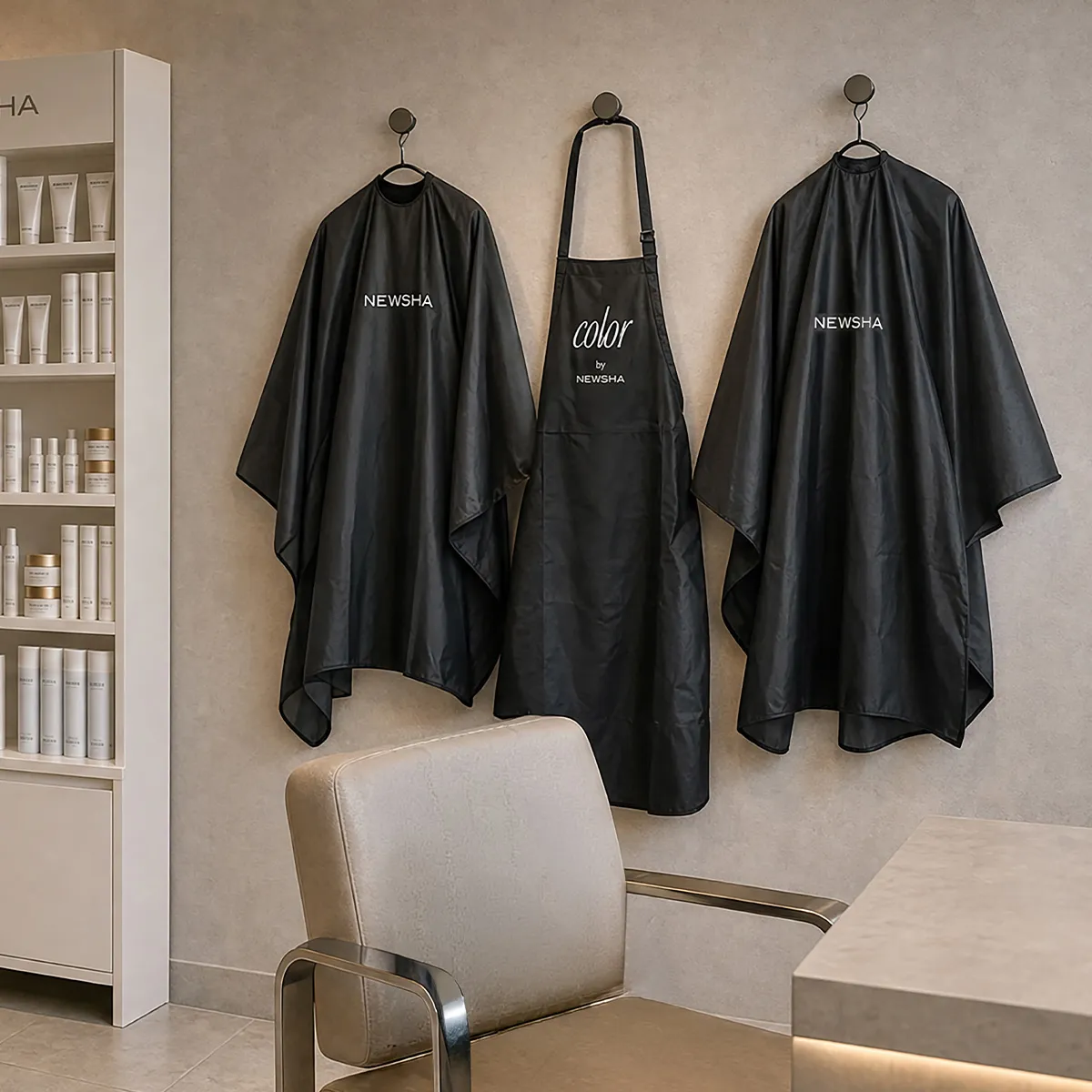 Zwei schwarze NEWSHA Friseurumhänge und eine Color by NEWSHA Schürze hängen an einer beigen Salonwand über einem modernen Friseurstuhl.