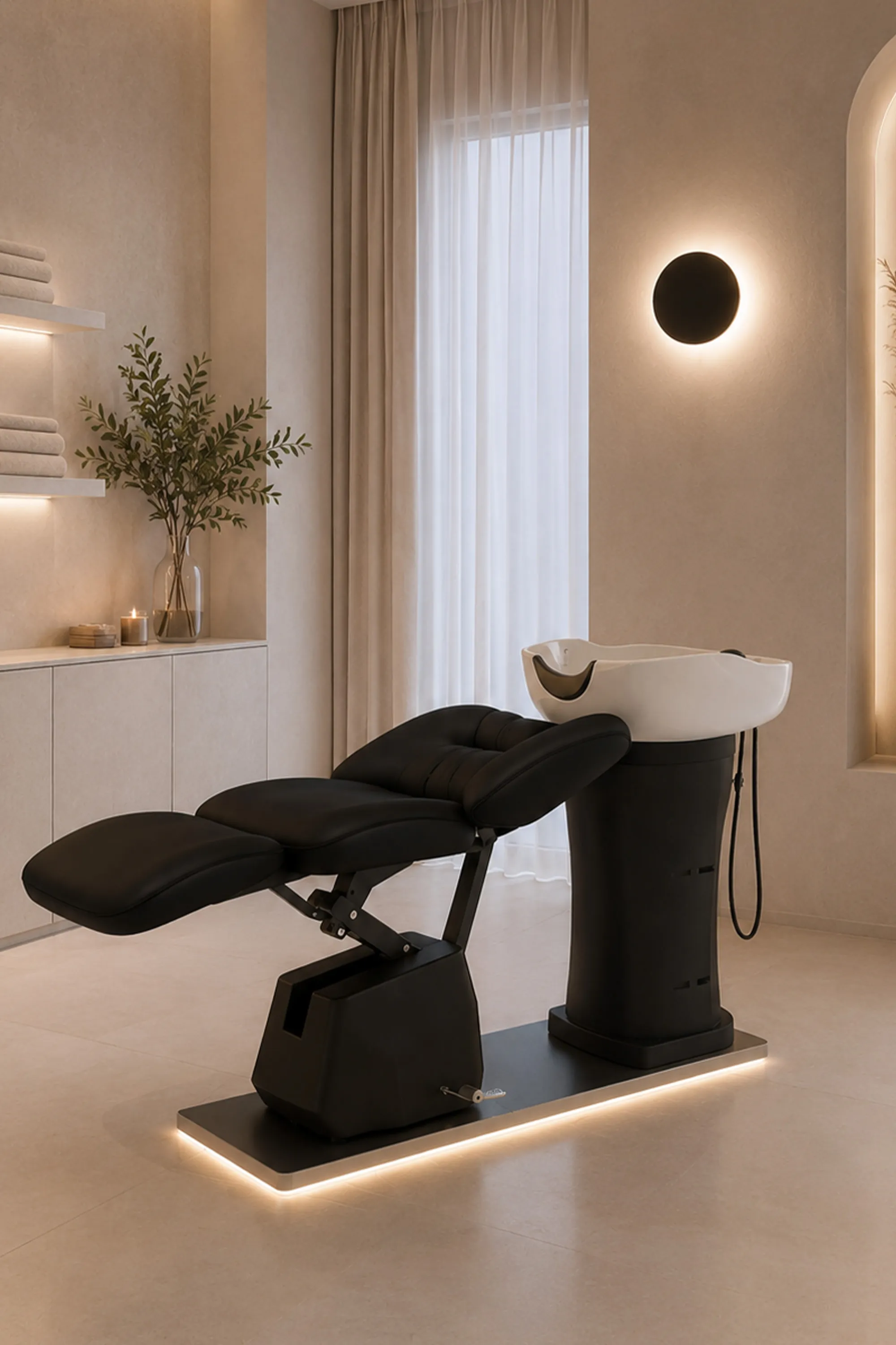 Moderner Friseursalon mit schwarzem Liegewaschplatz, weißem Waschbecken, indirekter Beleuchtung und stilvoller Einrichtung in warmen Beigetönen.