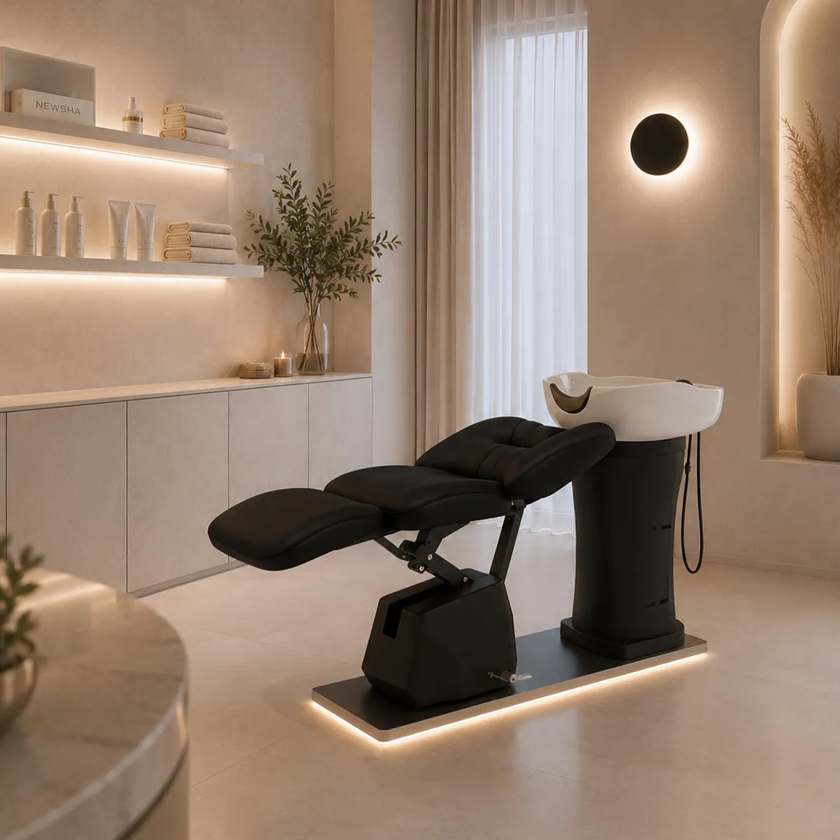Moderner Friseursalon mit schwarzem Liegewaschplatz, weißem Waschbecken, indirekter Beleuchtung und stilvoller Einrichtung in warmen Beigetönen.
