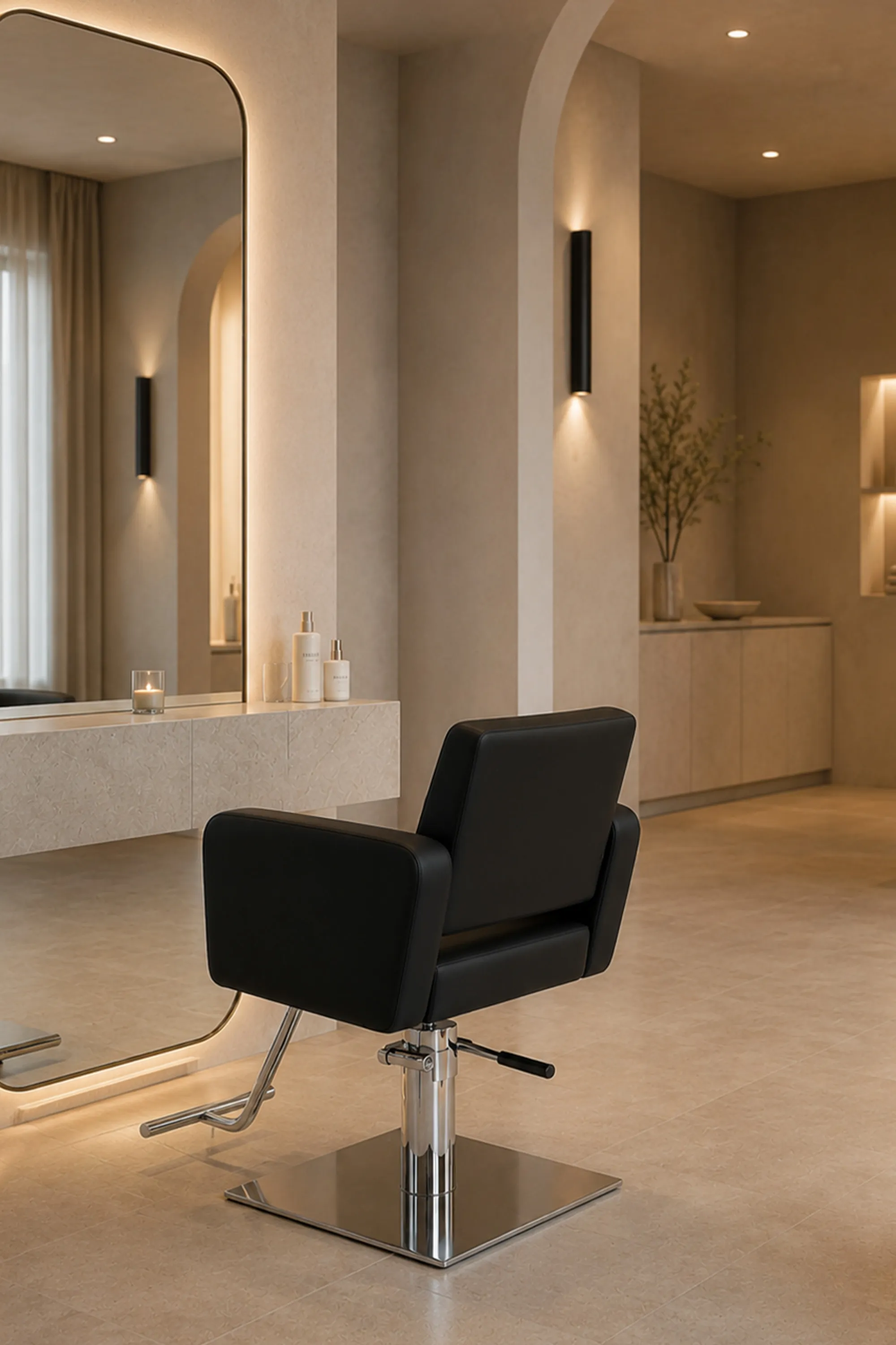 Eleganter Friseurarbeitsplatz mit schwarzem Salonstuhl, großem beleuchtetem Spiegel und NEWSHA Haarpflegeprodukten in einem modernen Salon.