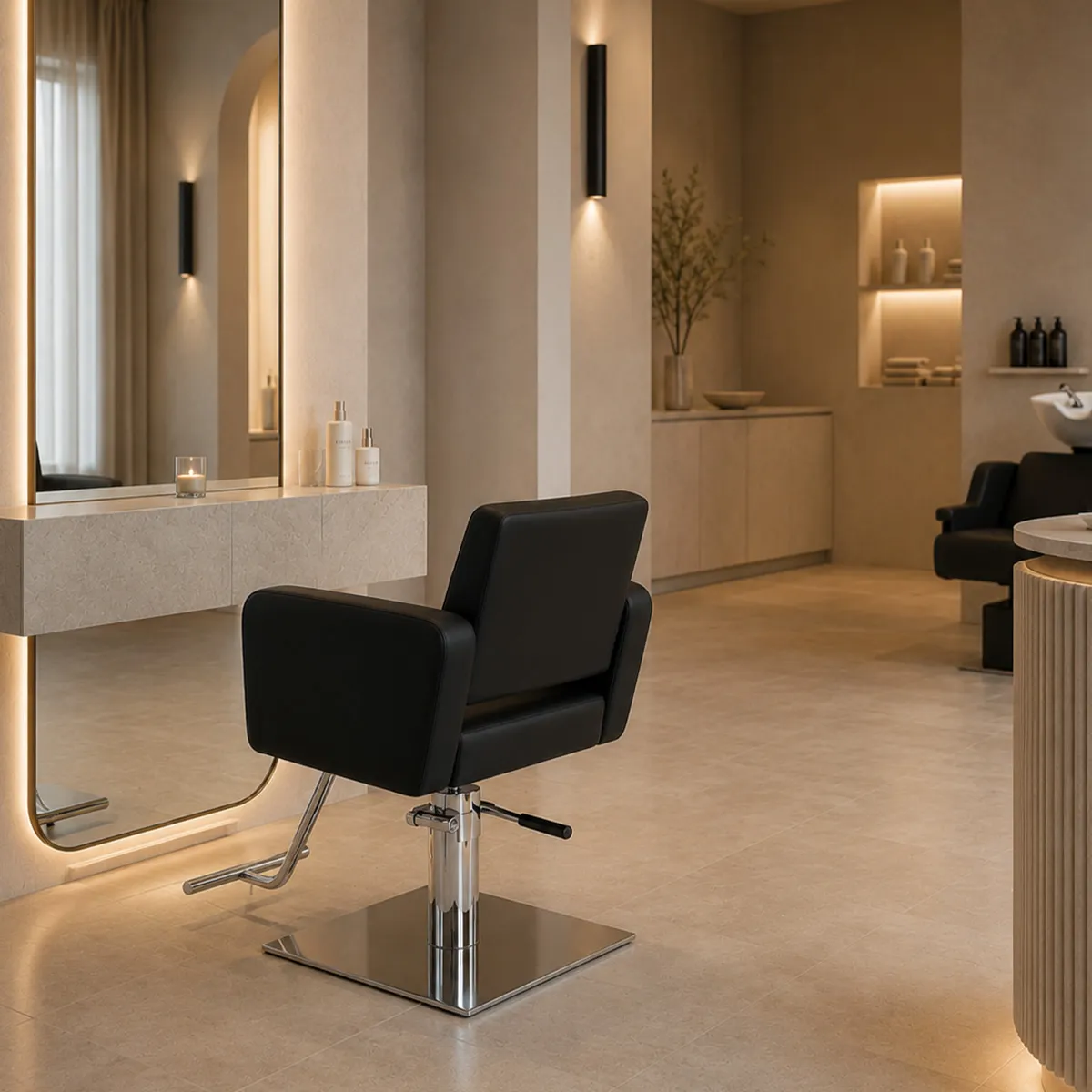 Eleganter Friseurarbeitsplatz mit schwarzem Salonstuhl, großem beleuchtetem Spiegel und NEWSHA Haarpflegeprodukten in einem modernen Salon.