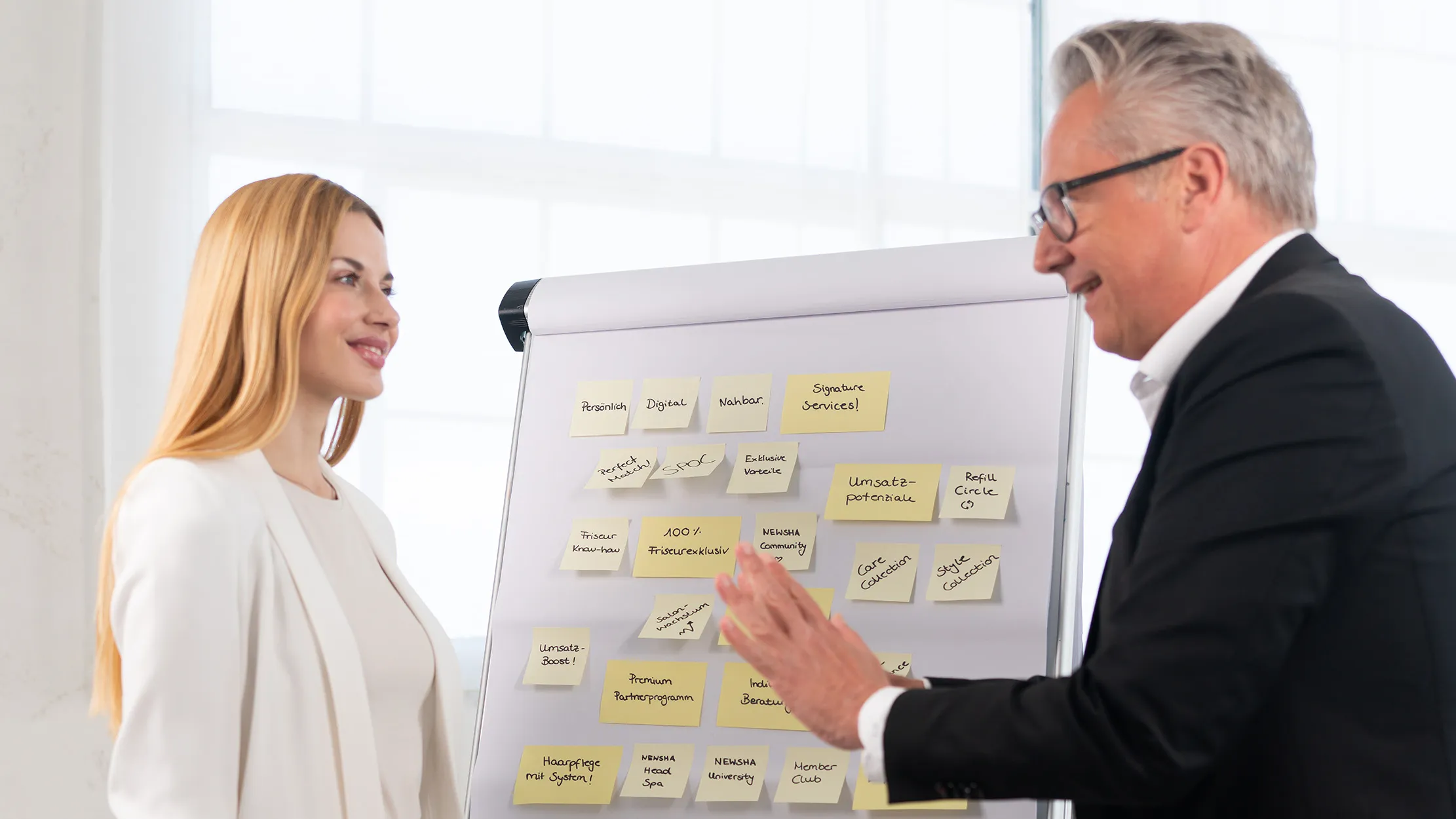 Blonde Frau und Mann mit grauen Haaren und Brille besprechen an einem Flipchart mit Haftnotizen Ideen für das NEWSHA Salon- und Partnerkonzept.