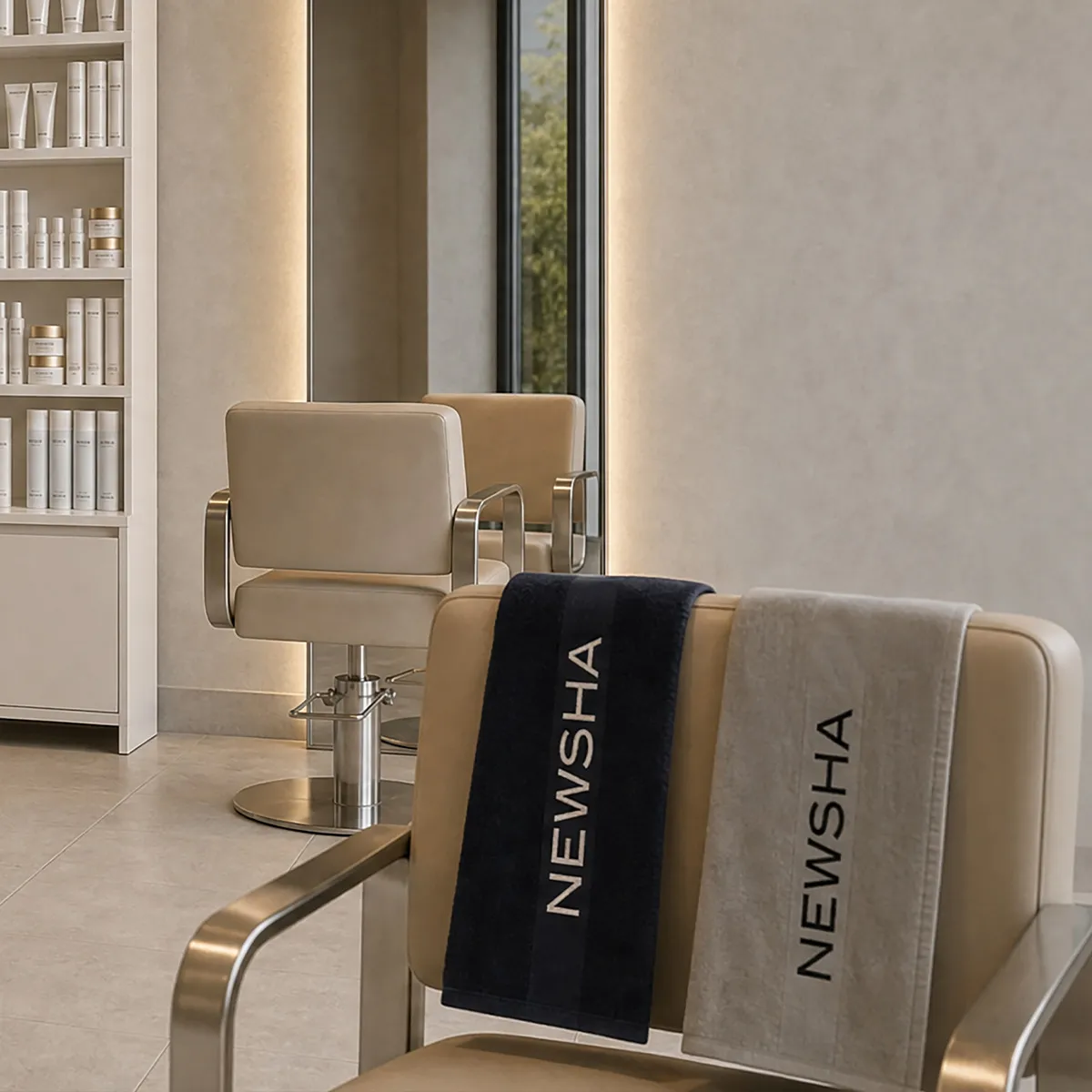 Zwei NEWSHA Handtücher in Schwarz und Beige mit Markenlogo liegen über einem hellen Friseurstuhl in einem modernen Salon mit Haarpflegeprodukten.